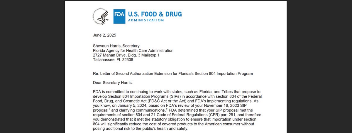 DrugChannels's tweet image. ICYMI: The FDA granted yet another extension for Florida's drug importation program: drugch.nl/43Btc7y

Alas, Canadian importation is a fantasy solution that costs more &amp;amp; undermines U.S. supply chain security. Florida taxpayers have already paid $50M+ for this boondoggle.