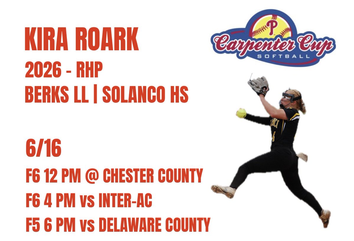 Kira Roark (@kiraroark03) on Twitter photo Grateful for the opportunity to compete at Carpenter Cup next week. Here is my schedule!
<a href="/lauramess_/">Laura Messina</a> <a href="/CoachMPMurray/">Mary Murray 🦉</a> <a href="/RowanUSoftball/">Rowan Softball</a> <a href="/moraviansb/">Moravian University Softball</a> <a href="/SURamsSoftball/">Shepherd Softball</a> <a href="/CoachFoyeFDU/">Chris Foye</a> <a href="/FDUDevilsSB/">FDU Devils Softball</a> <a href="/FDUKnightsSB/">FDU Softball</a> <a href="/bridgetrafter/">Bridget Rafter</a> <a href="/MorganStateSB/">Morgan State Softball</a> <a href="/PSHbgSoftball/">Penn State Harrisburg Softball</a> Grateful for the opportunity to compete at Carpenter Cup next week. Here is my schedule!
<a href="/lauramess_/">Laura Messina</a> <a href="/CoachMPMurray/">Mary Murray 🦉</a> <a href="/RowanUSoftball/">Rowan Softball</a> <a href="/moraviansb/">Moravian University Softball</a> <a href="/SURamsSoftball/">Shepherd Softball</a> <a href="/CoachFoyeFDU/">Chris Foye</a> <a href="/FDUDevilsSB/">FDU Devils Softball</a> <a href="/FDUKnightsSB/">FDU Softball</a> <a href="/bridgetrafter/">Bridget Rafter</a> <a href="/MorganStateSB/">Morgan State Softball</a> <a href="/PSHbgSoftball/">Penn State Harrisburg Softball</a>