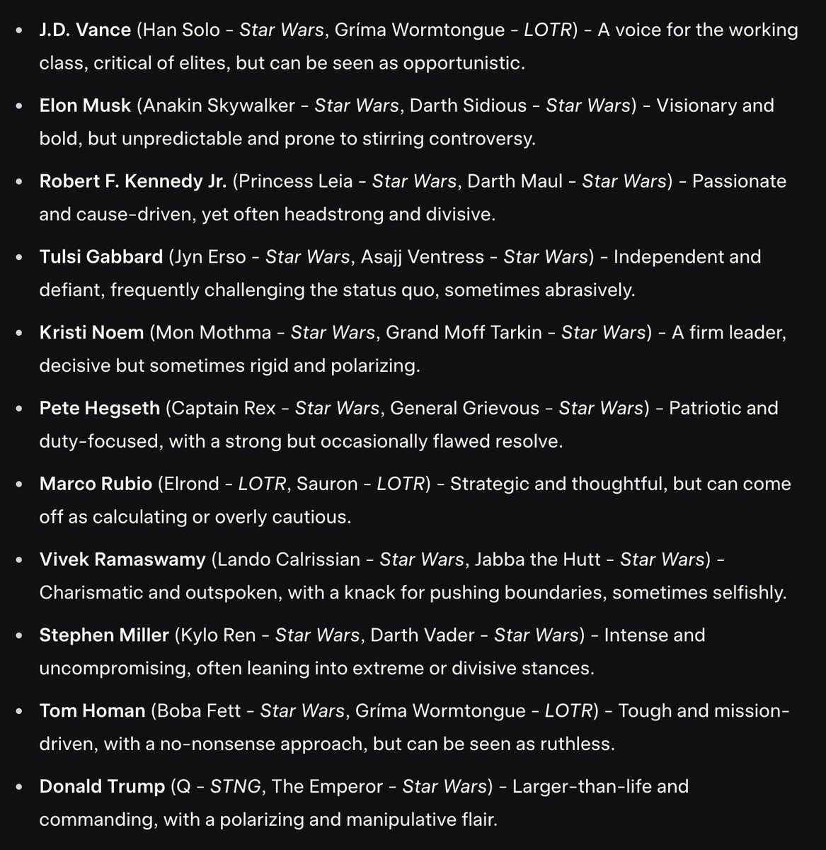 Trumper personalities (good &amp; evil, correlated to popular mythoi). Courtesy of Elon's AI.