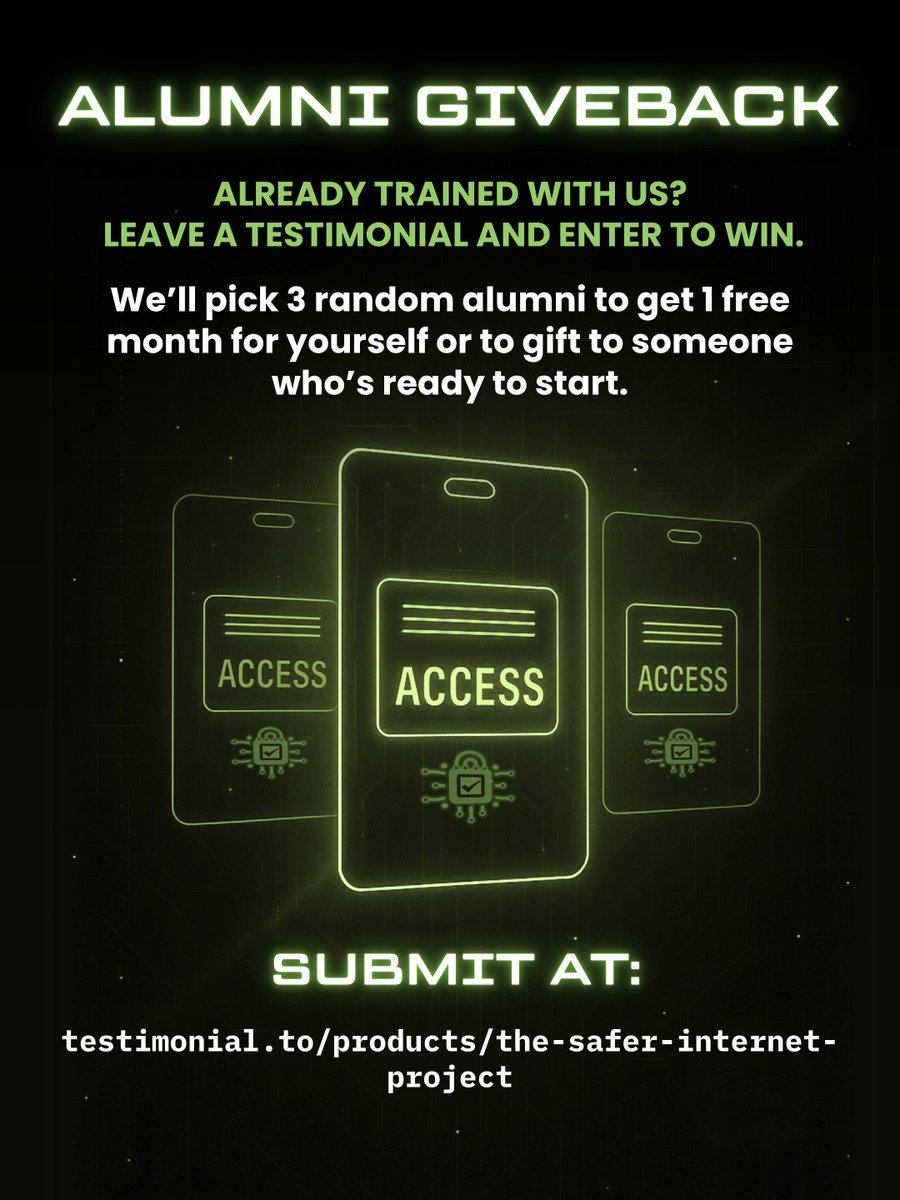 saferinternetpr's tweet photo. Been through The Safer Internet Project?
Drop a testimonial. We’re picking 3 alumni for 1 free month, yours or gift it.

Direct link: https://t.co/ZXQd5BCjR9
Just a small giveback for people who showed up.

#cybersecurity #infosec #Training #ethicalhacking https://t.co/6MuPag2DyH