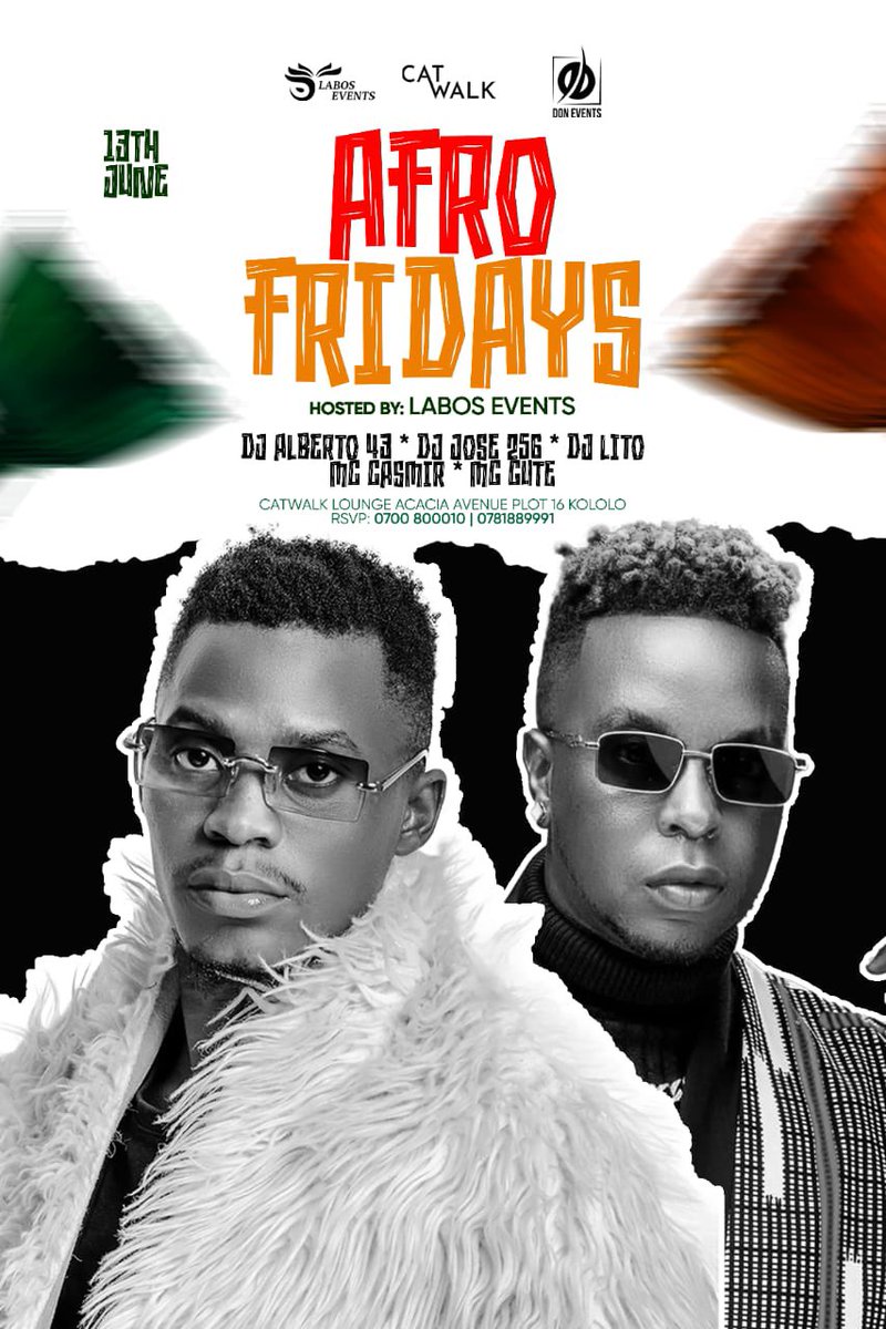 Catwalk Lounge Kampala (@catwalkkla) on Twitter photo Get ready to elevate your weekend at Afro Fridays! 🌟✨ Experience a night of infectious Afrobeat rhythms, hot DJ mixes, by <a href="/deejay_jose256/">DJ JOSE 256</a> @mr43effect <a href="/djlitoug/">Dj Lito Turntable Supreme🇺🇬</a> @mccute94 <a href="/mccasmir/">Mc Casmir</a> hosted by @labos_events_ Get ready to elevate your weekend at Afro Fridays! 🌟✨ Experience a night of infectious Afrobeat rhythms, hot DJ mixes, by <a href="/deejay_jose256/">DJ JOSE 256</a> @mr43effect <a href="/djlitoug/">Dj Lito Turntable Supreme🇺🇬</a> @mccute94 <a href="/mccasmir/">Mc Casmir</a> hosted by @labos_events_