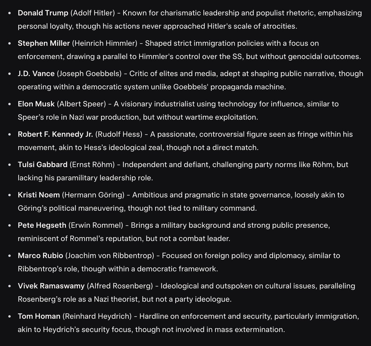 I asked Elon's AI to figure out based on personality and character traits, which nazi leader national Trump figures correlate to.