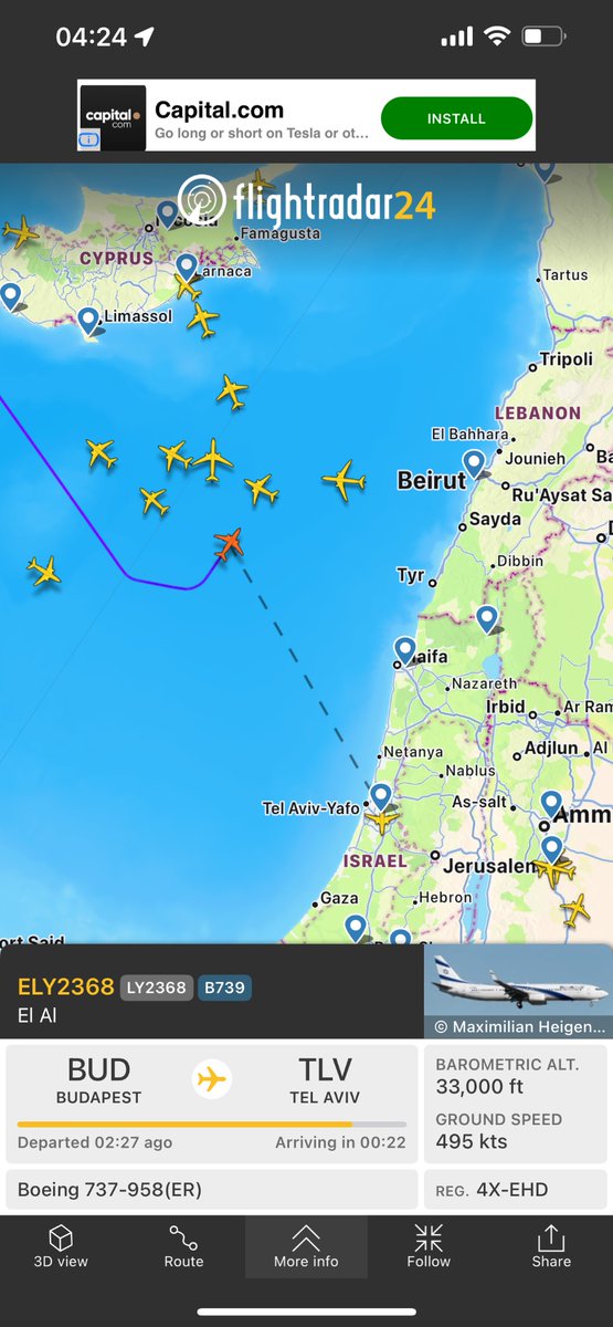 OSINT: #flightradar24 reports show international flights following holding patterns and landing in #Larnaca, Cyprus after #Israel preempts a Iranian counter attack to it’s strike(s) in #Tehran