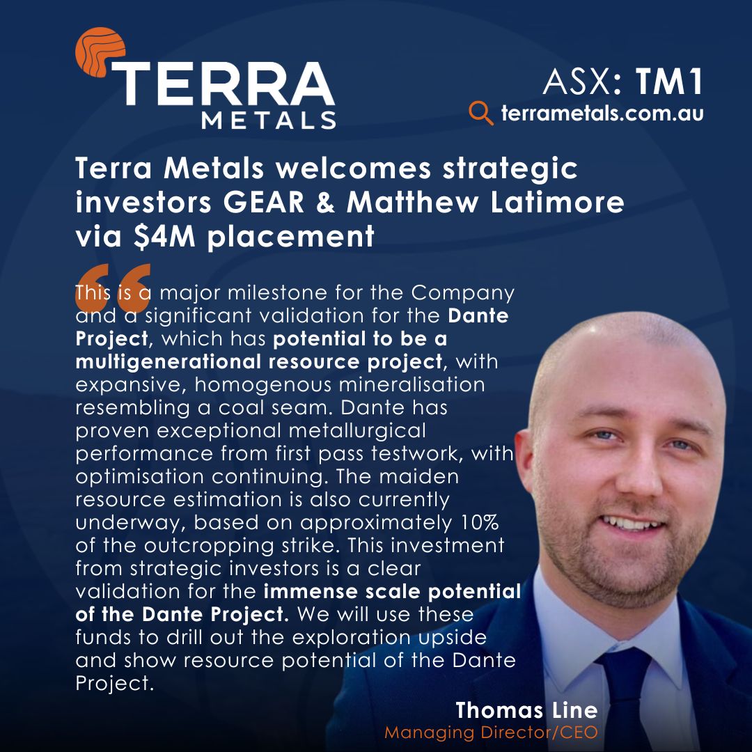 🛠️ Terra Metals #TM1 secures $4M from strategic investors GEAR &amp; Matthew Latimore 🚀

Funds will advance the Dante Project in WA – a major copper &amp; vanadium discovery with +80km of strike🔎

Backed by Tribeca, MRE underway 📈

bit.ly/43HRdtR