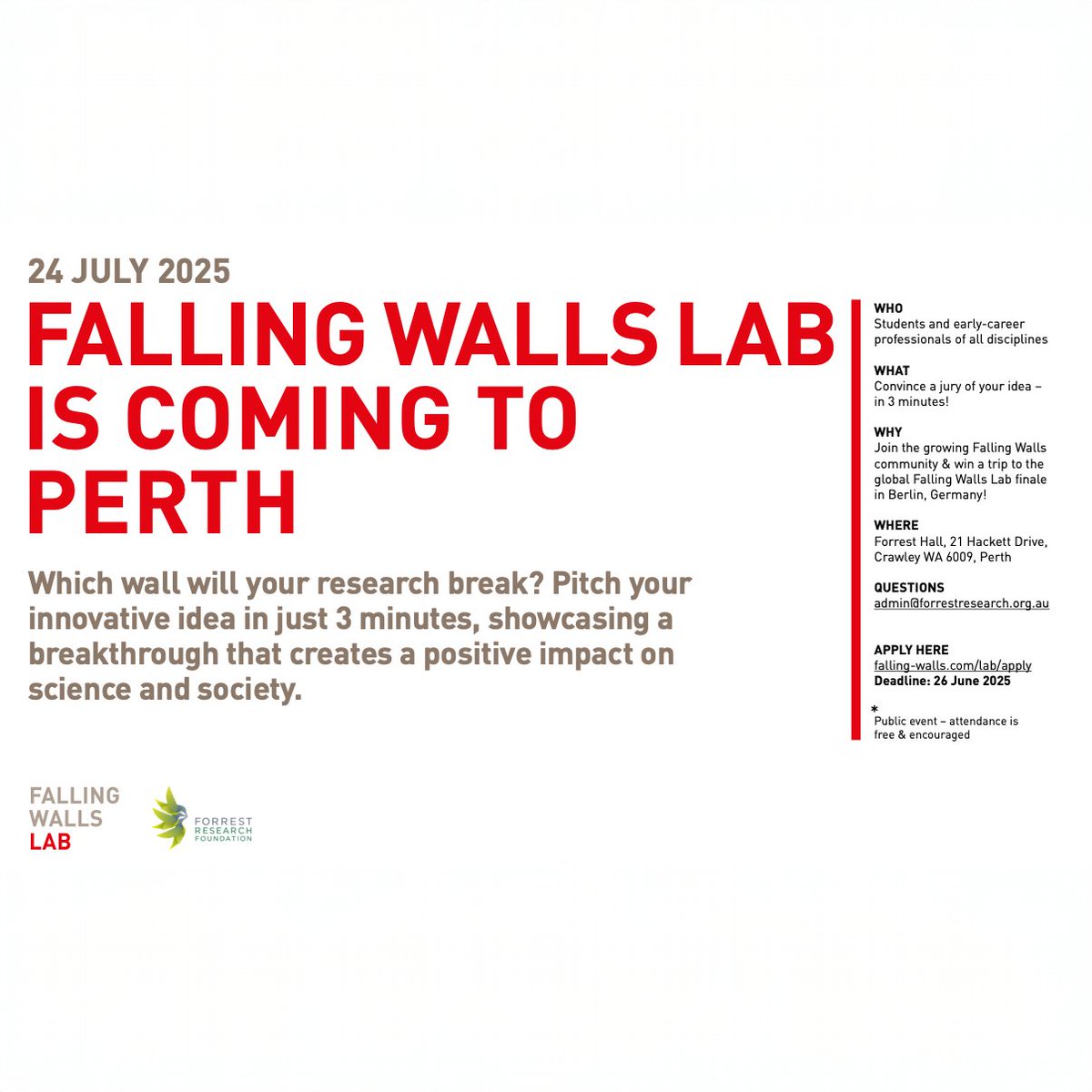 Australian Academy of Science (@science_academy) on Twitter photo 🌏 Because big ideas belong on big stages – apply now for Falling Walls Lab Perth. 
Do you have a breakthrough that will positively impact science and society? This event, hosted by the Forrest Research Foundation, is looking for WA’s brightest thinkers to pitch their research, 🌏 Because big ideas belong on big stages – apply now for Falling Walls Lab Perth. 
Do you have a breakthrough that will positively impact science and society? This event, hosted by the Forrest Research Foundation, is looking for WA’s brightest thinkers to pitch their research,