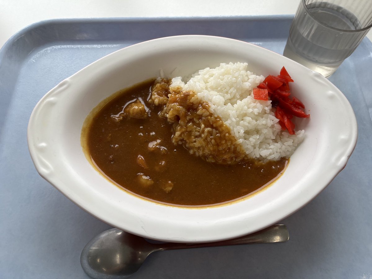 江東試験場4階江東食堂で朝カレー🍛
美味しいけどめちゃ熱い！
お金がなくて唐揚げ乗せができなかった…