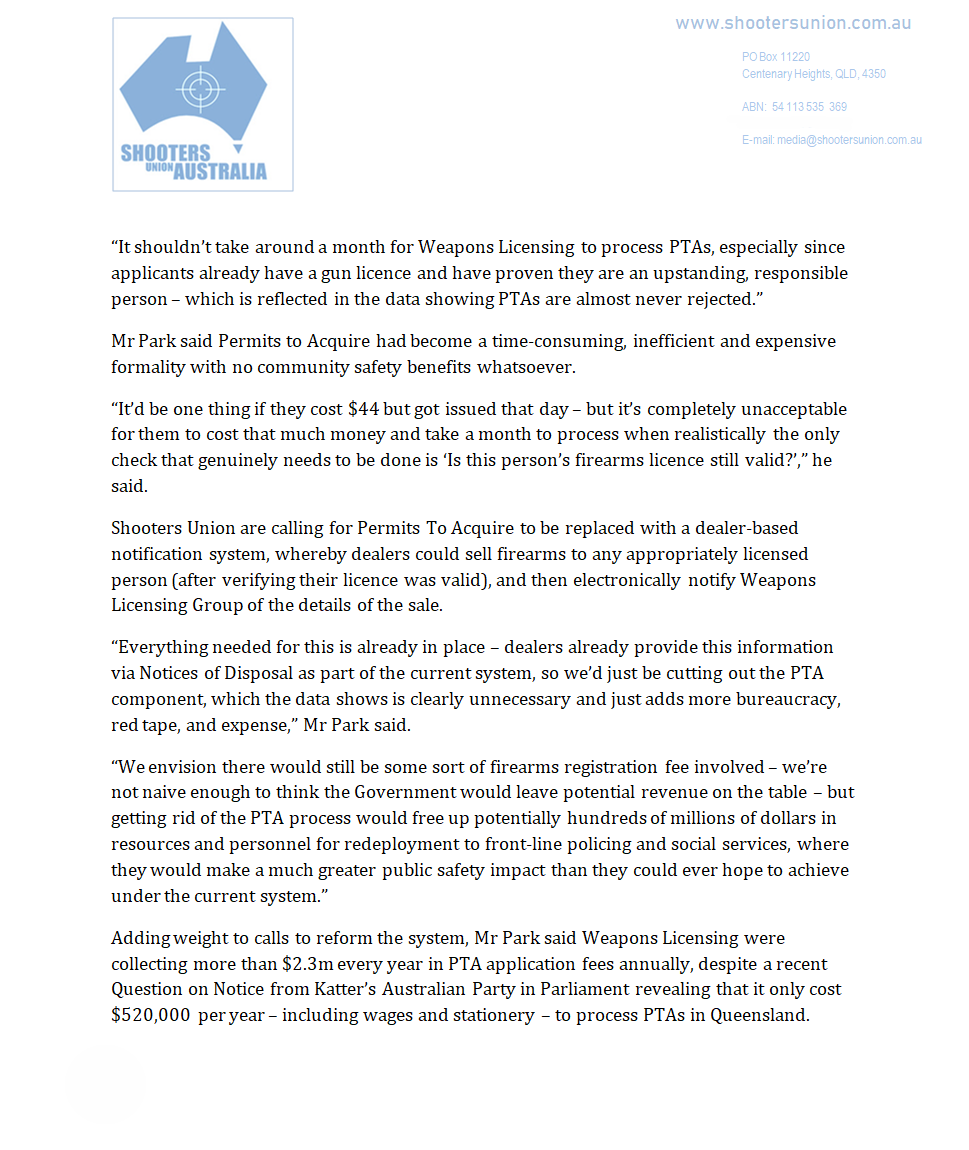 Our media release today calling for Queensland's expensive and clunky Permit To Acquire system to be replaced with a Dealer Notification-based system (for which the infrastructure is already in place):