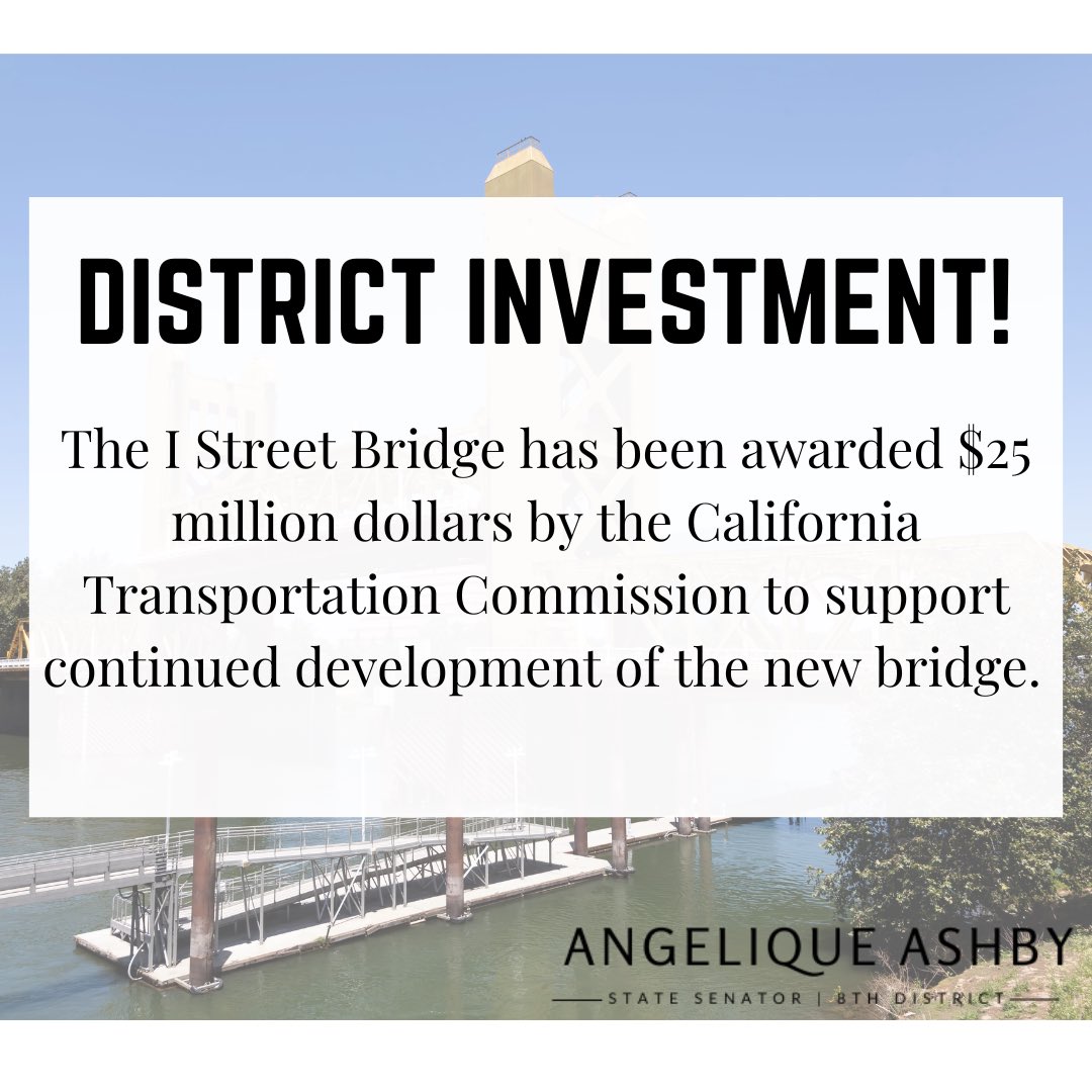 Senator Angelique Ashby (@senatorashby) on Twitter photo Great news for Sacramento…
The CA Transportation Commission and <a href="/CAgovernor/">Governor Gavin Newsom</a> just announced an allocation of $25 million to support the continued development of the I Street Bridge. I’m so excited to see the continued investment in Downtown Sacramento!
#SD8 #Sacramento Great news for Sacramento…
The CA Transportation Commission and <a href="/CAgovernor/">Governor Gavin Newsom</a> just announced an allocation of $25 million to support the continued development of the I Street Bridge. I’m so excited to see the continued investment in Downtown Sacramento!
#SD8 #Sacramento