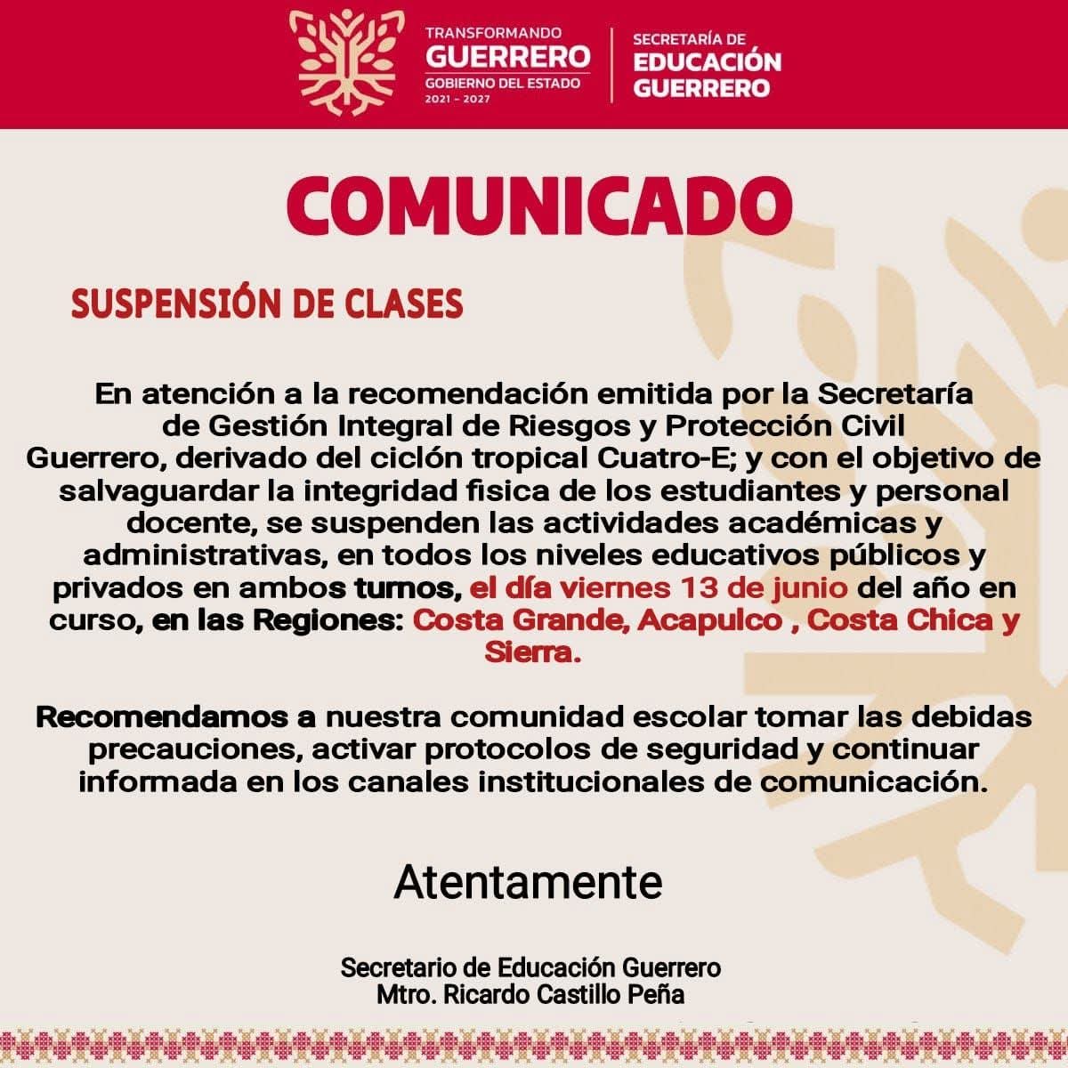 ⚠️SUSPENSIÓN DE CLASES POR PRONÓSTICO DE LLUVIAS FUERTES POR DEPRESIÓN TROPICAL CUATRO -E⚠️