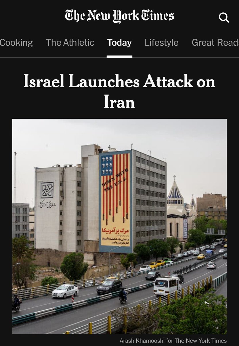 Israel moves to derail Trump’s nuclear deal, strike dozens of sites in Iran, pushing the entire region into all-out war, and this is the headline image from the New York Times?