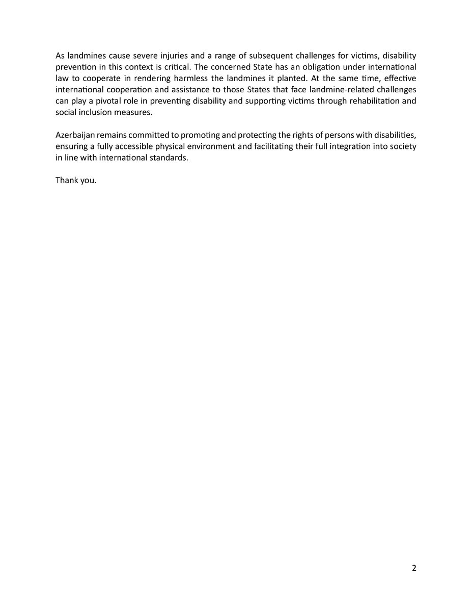 During the 18th session of the Conference of State Parties to the Convention on the Rights of Persons with Disabilities (#COSP18), held from 10 to 12 June 2025, the Permanent Representative of Azerbaijan to the UN Amb. Tofig Musayev informed that prevention of disability,