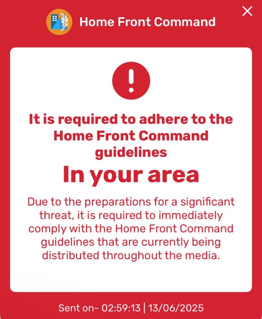 ‼️STAY NEAR YOUR BOMB SHELTERS‼️

Everyone in Israel just received this alert