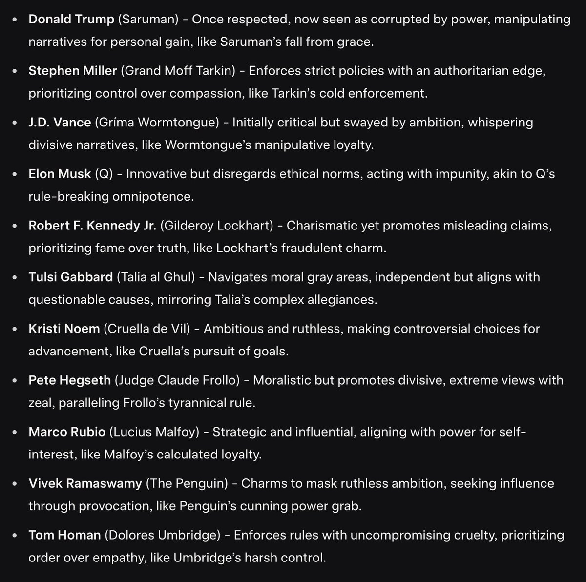 Comparisons of moral/ethical character, of national trumpers, courtesy of Elon's AI,  to characters from mythoi: LOTR, Star Wars, STNG, Harry Potter, Disney, Batman mythos.