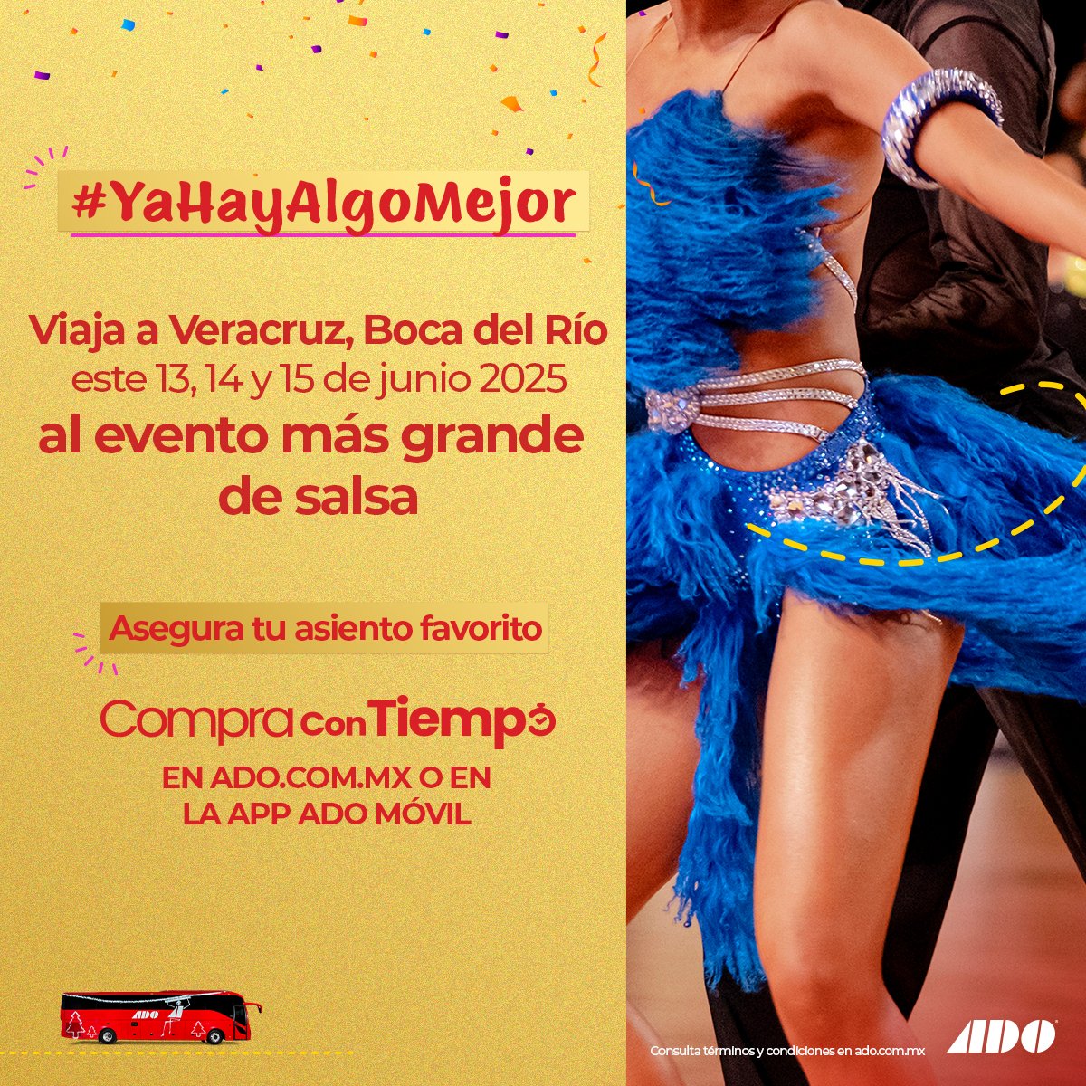 Este 13, 14 y 15 de junio, Boca del Río vibra con el evento más grande de salsa 🎶💃. ¿Listo para vivir la emoción? Asegura tu asiento favorito con ADO y viaja cómodo.
🎟️ Compra con tiempo en tinyurl.com/27q2klwg  o en la App ADO Móvil y prepárate para bailar sin parar.