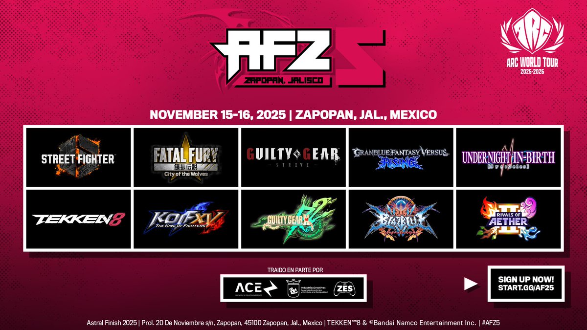 La fiesta en #AF25 se prende con la llegada del #AWT25_26 ¡Somos parada oficial para #GGST y #GBVSR! 🥳

📅15 y 16 de Noviembre
🎮10 Títulos Principales
💵Más de $60,000 MXN en Premios

¡Te esperamos para dos días de vivir la FGC a tope!
📝Enlace en los comentarios