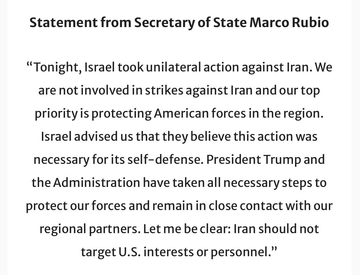 🚨NEW: Official statement from Secretary of State Marco Rubio on Israel striking Iran: