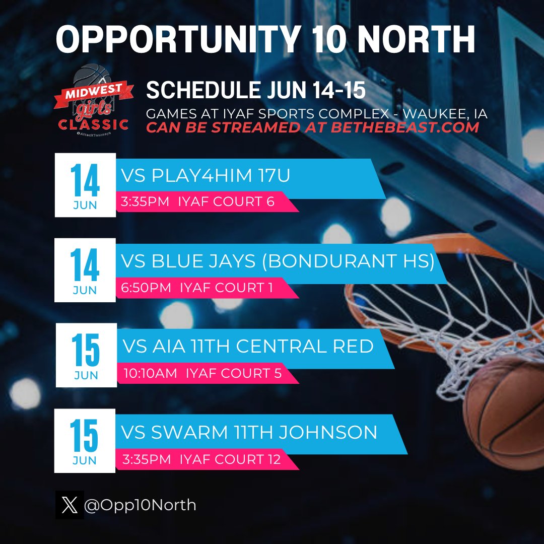 Opportunity 10 North (@opp10north) on Twitter photo Headed to Iowa this weekend to play 11th grade teams at the Midwest Girls Classic! Games can be streamed online through BeTheBeast. Search for Midwest Girls Classic 2025 event and Opportunity North team.
<a href="/BeTheBeastBTB/">BeTheBeast</a> <a href="/MorganRysdam/">Morgan Rysdam</a> <a href="/kylie_storkamp/">Kylie Storkamp</a> <a href="/FiveStateHoops/">Five State Hoops</a> <a href="/GMacHoops/">Grant McGinnis</a> Headed to Iowa this weekend to play 11th grade teams at the Midwest Girls Classic! Games can be streamed online through BeTheBeast. Search for Midwest Girls Classic 2025 event and Opportunity North team.
<a href="/BeTheBeastBTB/">BeTheBeast</a> <a href="/MorganRysdam/">Morgan Rysdam</a> <a href="/kylie_storkamp/">Kylie Storkamp</a> <a href="/FiveStateHoops/">Five State Hoops</a> <a href="/GMacHoops/">Grant McGinnis</a>