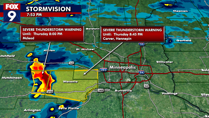 McDermedFox9's tweet image. A Severe Thunderstorm Warning has been issued for Carver and Hennepin until 8:45pm. This storm is moving east at 30mph and has a history of producing 80mph wind gusts. @FOX9