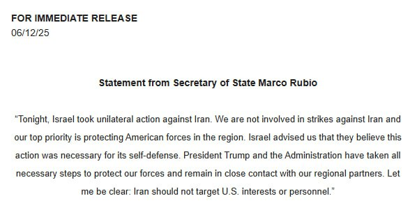 MLopezSanMartin's tweet photo. Israel lanza un ataque preventivo contra Irán.

Declara estado de emergencia ante una posible respuesta masiva de Teherán con misiles y drones.

El secretario de Estado de EU, Marco Rubio, afirmó que Israel actuó por su cuenta. 

"No estamos involucrados", recalca Washington. https://t.co/G6WIHKaQA2