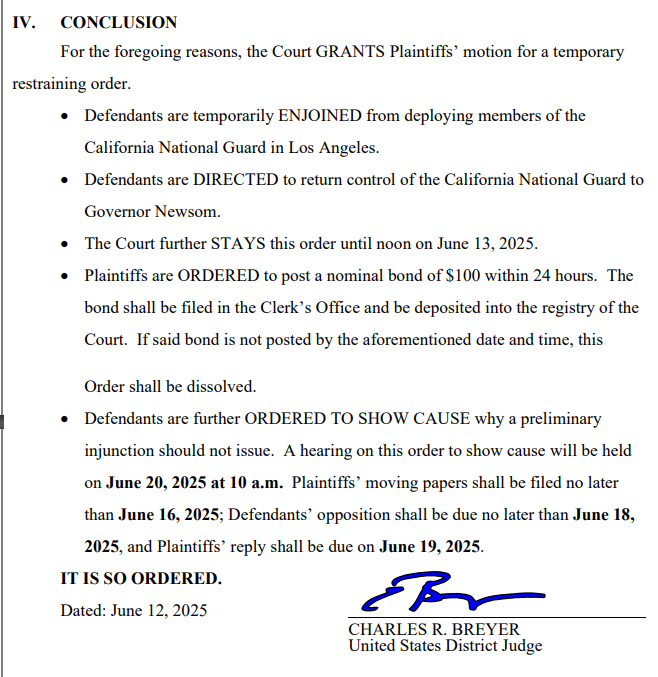 disclosetv's tweet image. JUST IN - Federal judge orders California National Guard, in effect, returned back to Governor Newsom's control.