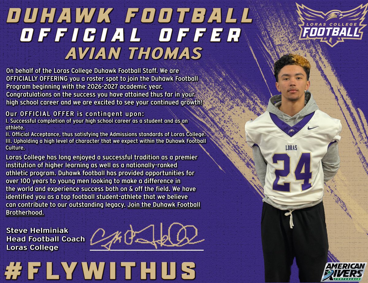 Avian Thomas (@avianthomas_) on Twitter photo After talks with <a href="/CoachHLorasFB/">Steve Helminiak</a> & <a href="/FootballCoachO/">Coach Jake Olsen</a> I am blessed to receive an offer at Loras College.
<a href="/Coach_FritzD23/">Fritz Dieudonné</a> <a href="/CoachReese15/">Anthony Reese</a> <a href="/RIHS_Strength/">RIHS_Strength</a> <a href="/MarkEsposito2/">Mark A Esposito</a> After talks with <a href="/CoachHLorasFB/">Steve Helminiak</a> & <a href="/FootballCoachO/">Coach Jake Olsen</a> I am blessed to receive an offer at Loras College.
<a href="/Coach_FritzD23/">Fritz Dieudonné</a> <a href="/CoachReese15/">Anthony Reese</a> <a href="/RIHS_Strength/">RIHS_Strength</a> <a href="/MarkEsposito2/">Mark A Esposito</a>