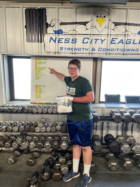Big Dakota Weeks won the bacon this week.

Here he is pictured proudly indicating his workouts completed on the Big Board.  Dakota has completed 10 workouts since summer weights began; he is tied with Dakoda McDonald, Thane Brenner, and Saul Talamantes for the lead.