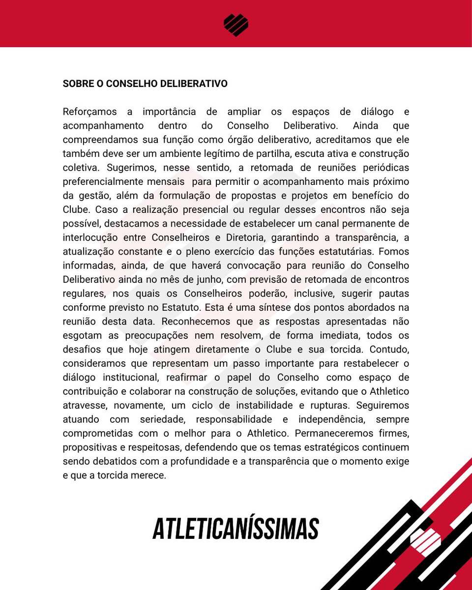 🚨 Em resposta ao ofício de 09/06, nos reunimos hoje com as Presidências dos Conselhos do <a href="/AthleticoPR/">Athletico Paranaense</a>. A partir desse avanço, publicamos comunicado com as principais informações e encaminhamentos.