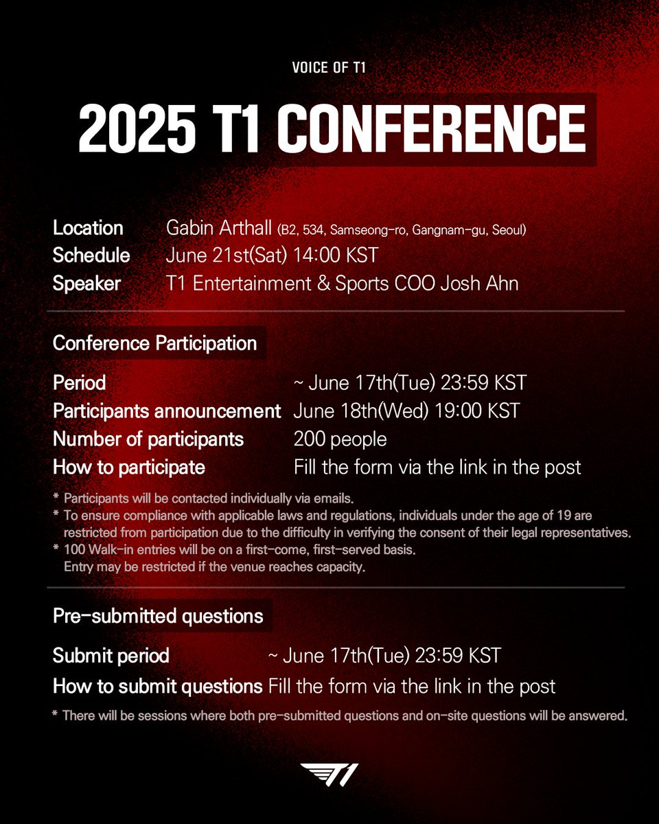 T1LoL's tweet photo. 📣 2025 T1 간담회 개최 안내
📣 2025 Voice of T1

📝: https://t.co/YvE2jejUQn

#TogetherAs1 https://t.co/bH9le2F60u