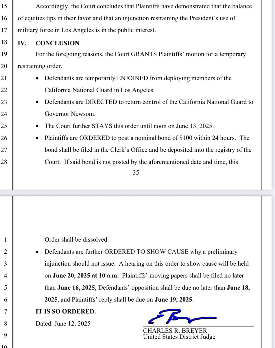 BREAKING: Judge Breyer grants temporary restraining order blocking Trump from deploying National Guard to Los Angeles and returns control of the Guard to Gov Gavin Newsom