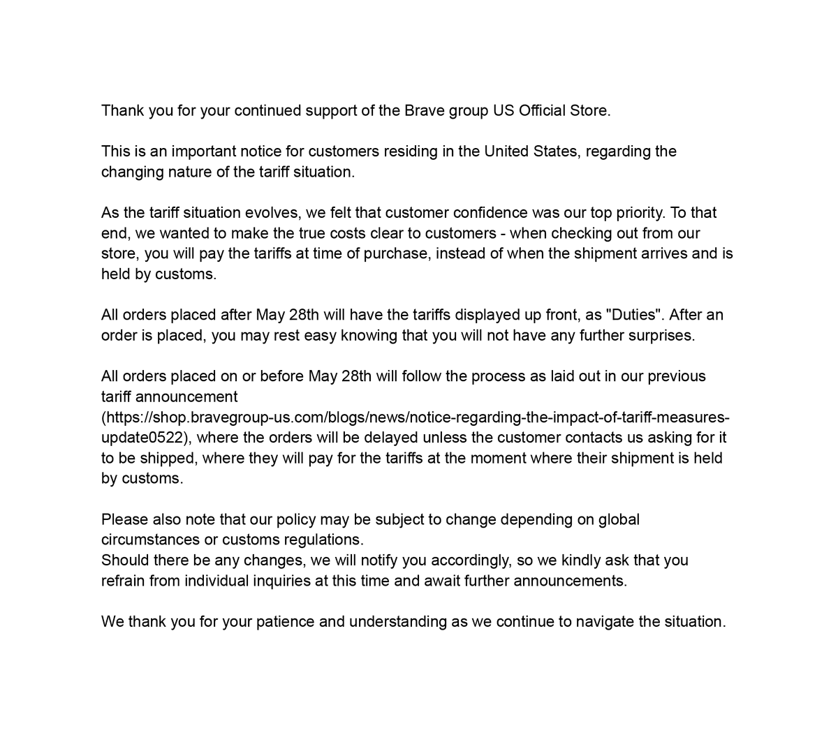 BraveGroupUS's tweet photo. Additional Information Regarding Our Customs Policy https://t.co/owNpG4sp2c