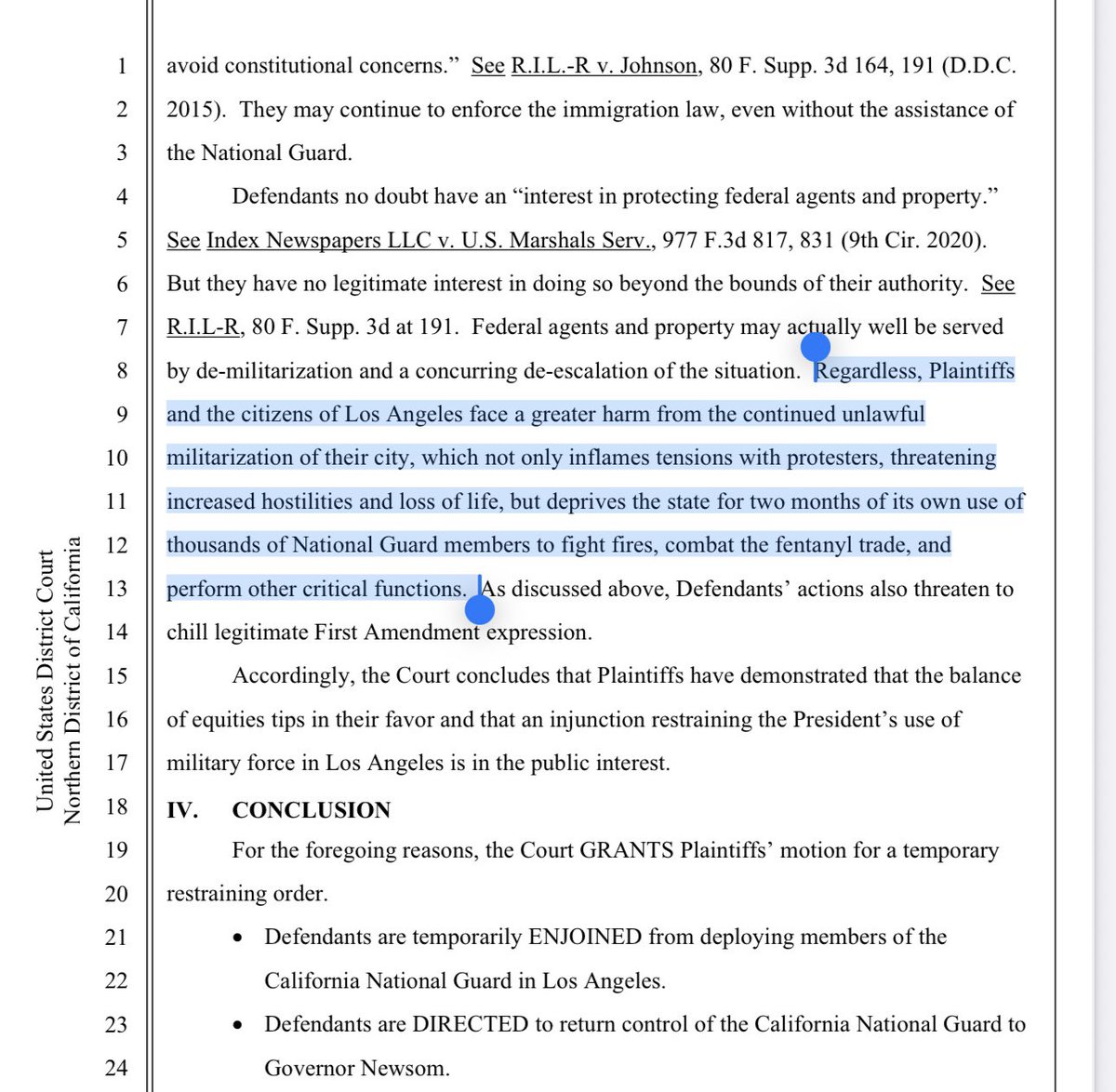 NEW: federal Judge Charles Breyer has ordered Trump to return control of the California National Guard to California. 

The judge writes, “Moreover, Plaintiffs have shown a likelihood of prevailing in their argument President Trump’s invocation of § 12406 was in fact not lawful,