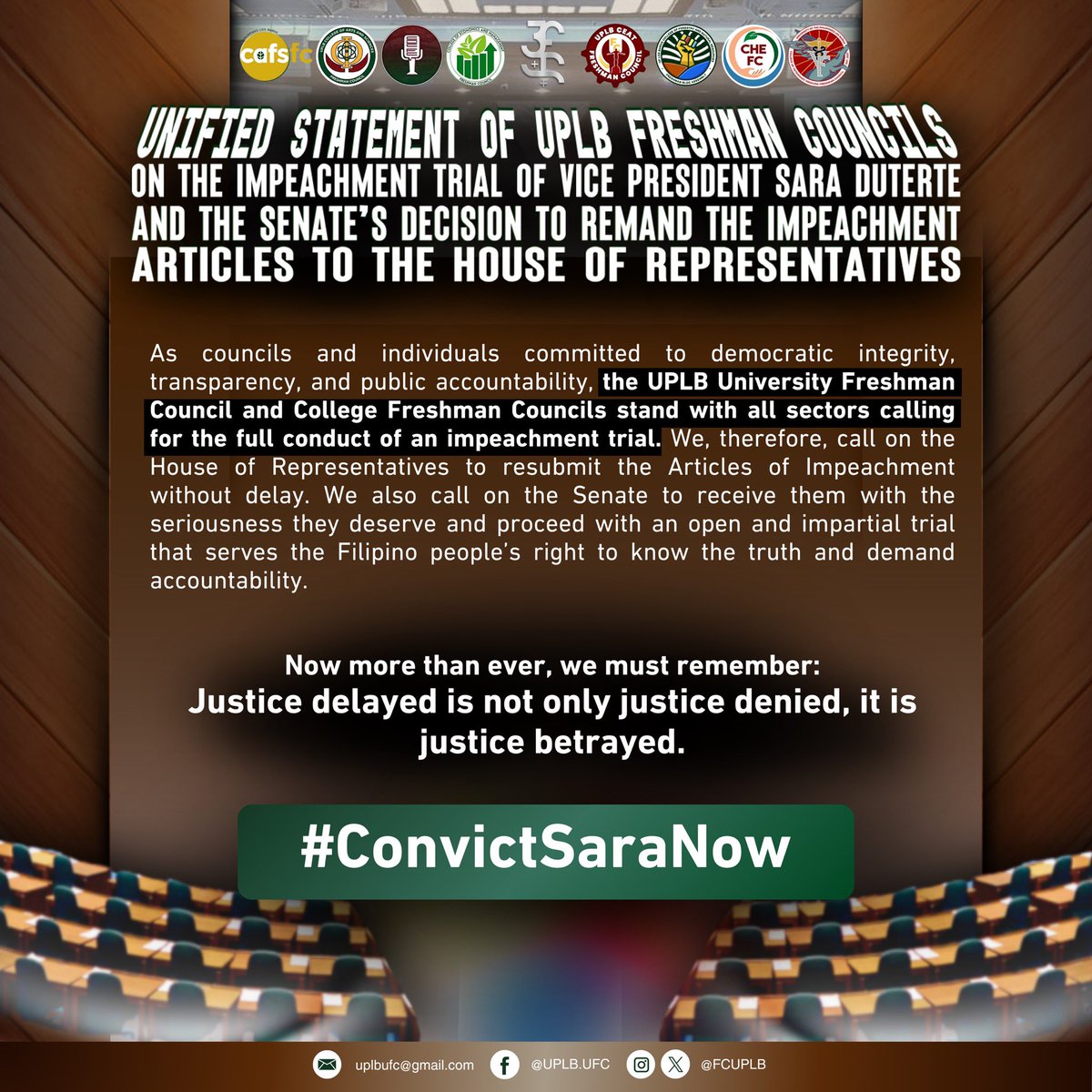 FCUPLB's tweet photo. UNIFIED STATEMENT OF UPLB FRESHMAN COUNCILS ON THE IMPEACHMENT TRIAL OF VICE PRESIDENT SARA DUTERTE AND THE SENATE'S DECISION TO REMAND THE IMPEACHMENT ARTICLES TO THE HOUSE OF REPRESENTATIVES

🔗: https://t.co/9Mlfo61L8k?

#ConvictSaraNow https://t.co/RfelYI5qOQ