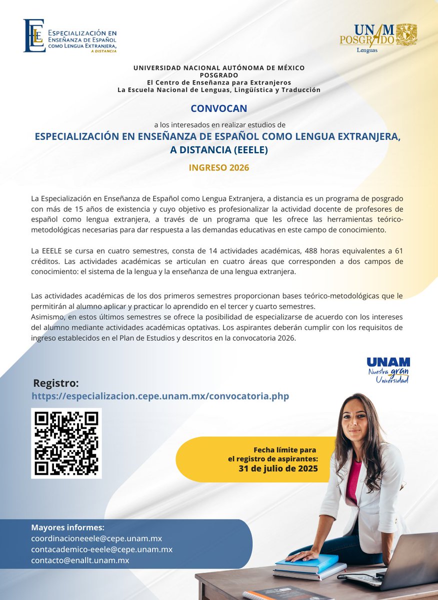 🎓 Convocatoria abierta | Ingreso 2026
Especialización en Enseñanza de Español como Lengua Extranjera, a Distancia (EEELE) – UNAM
📅 Registro: 15 jun – 31 jul 2025
💻 Modalidad en línea | 4 semestres
🔗 especializacion.cepe.unam.mx/convocatoria.p…

#EEELE #UNAM #CEPEUNAM #EspañolLE