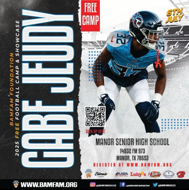 Bringing the energy home this summer!
🏈 Free camp + showcase July 6th in Austin, TX

Big love to @bamfam501c3 + our sponsors: @eldoradocafe, @usafootball, <a href="/lubys/">Luby's</a>, <a href="/raisingcanes/">Raising Cane's</a>, @academy

👉 Register: bamfam.org

 #TXFootball #YouthCamp #TitanUp  #ATX #Football