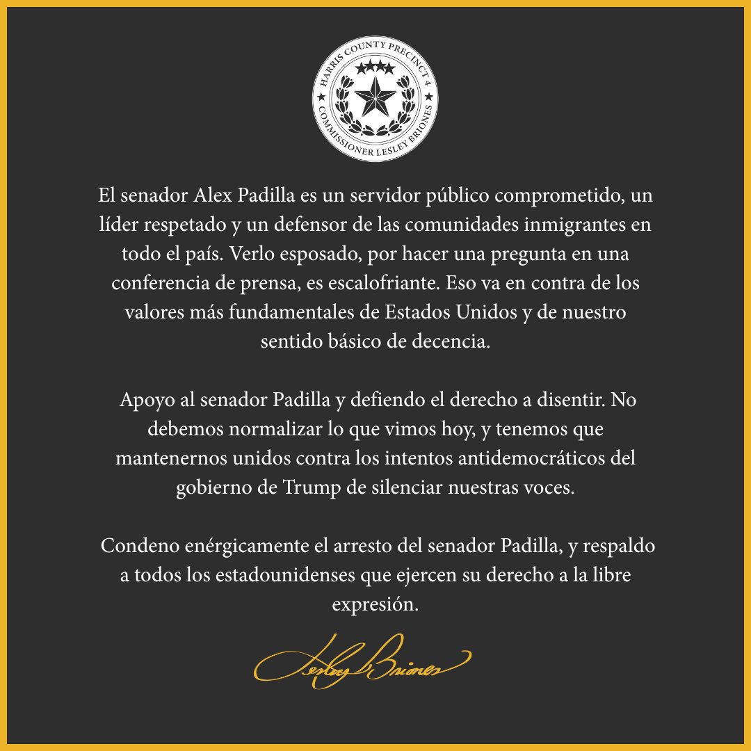 Statement from Commissioner Lesley Briones on Forcible Removal of U.S. Senator Padilla
---------
Declaración de la Comisionada Lesley Briones sobre la expulsión forzosa del Senador estadounidense Alex Padilla