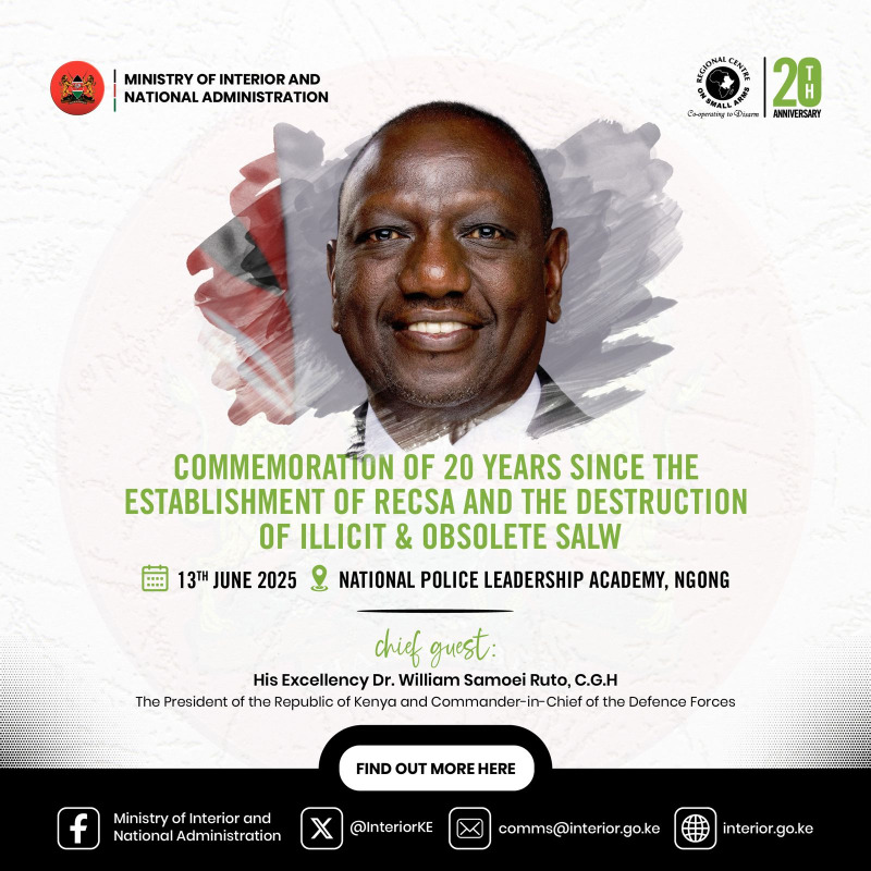 InteriorKE's tweet photo. H.E. William Ruto, President of the Republic of Kenya, presiding over the destruction of illegal firearms confiscated &amp; voluntarily surrendered as a reaffirmation of the commitment to regional peace &amp; in a broader initiative under the Regional Centre on Small Arms (RECSA).