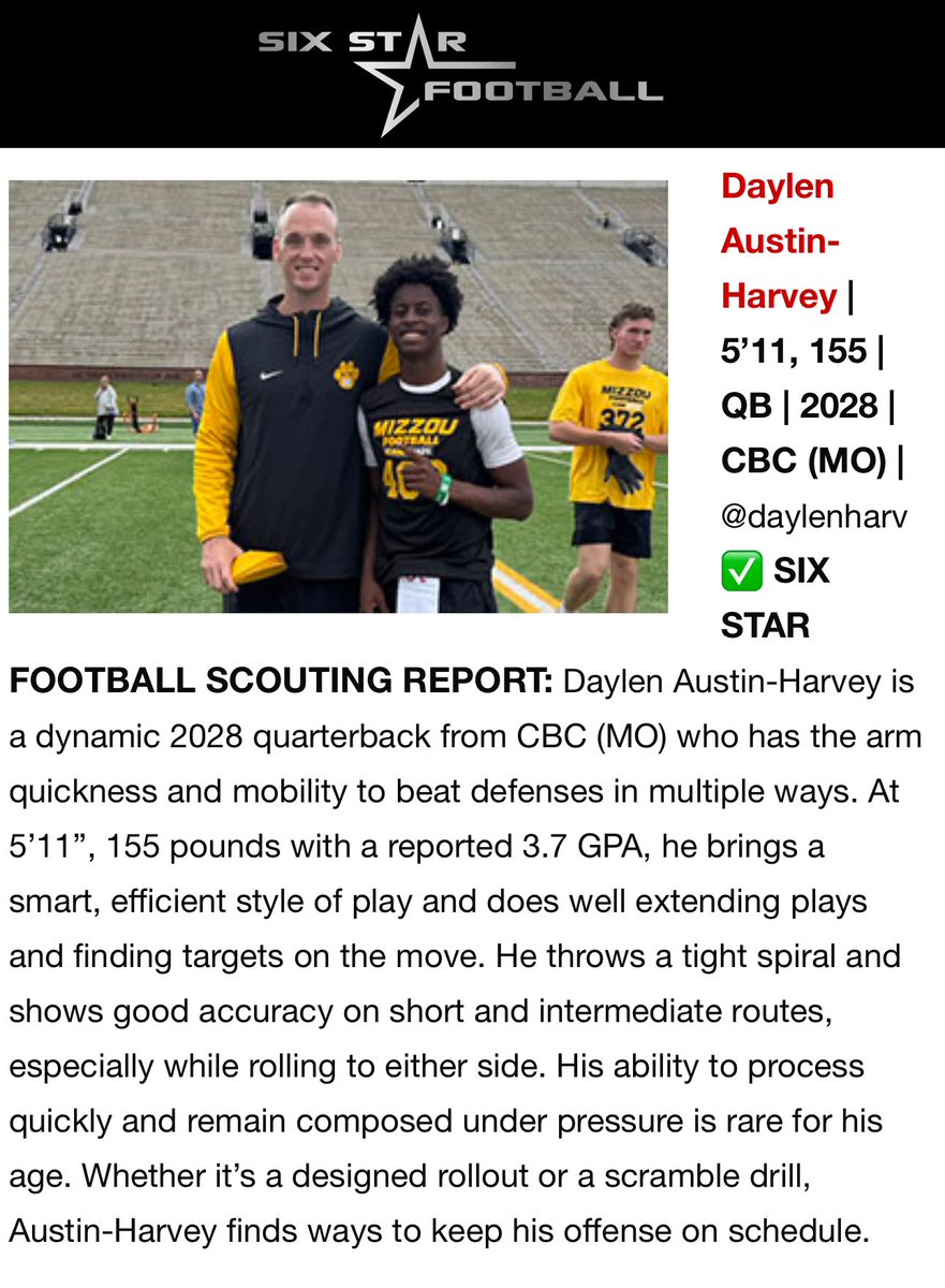 daylenharv's tweet image. Had a great time showcasing at @MizzouFootball! Thank you to @CoachDrinkwitz and @Coach__Gleeson for the teachings today! Thank you @sixstarfootball for the write up🐯.
@ScottPingel10 @CBCFootball @PrepRedzoneMO @JPRockMO @AJSW24 @CoachTwan314 @MidRecruiting @coachnellyy