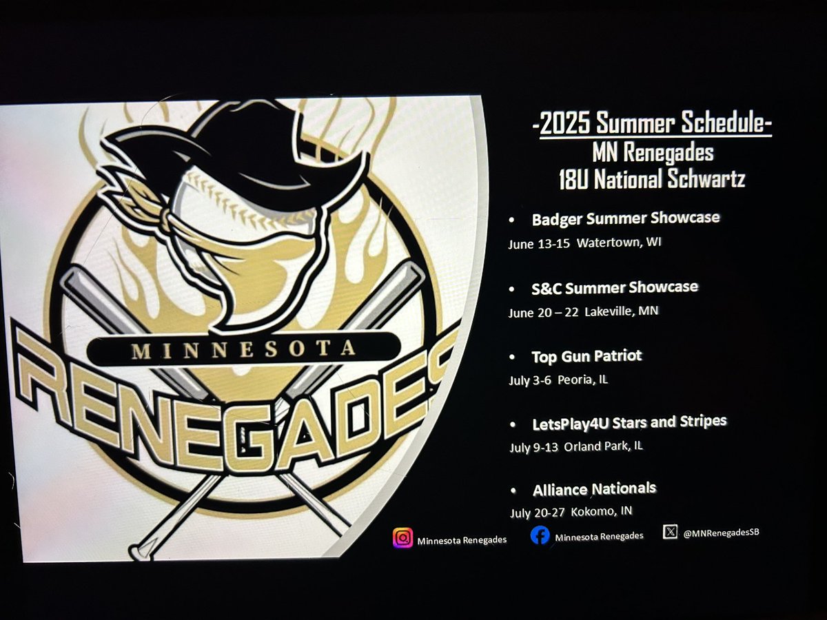 Summer season is starting off! Here is my schedule below! 
<a href="/18UMNRENEGADES/">Minnesota Renegades 18U National</a> 
<a href="/CoachGregJones1/">Greg Jones</a>
<a href="/KristleWolcott/">Kristle Wolcott</a> <a href="/coleymarieries/">Coley Ries Welter</a>
<a href="/CoachSRodriguez/">Sal Rodriguez</a> <a href="/CoachMattGable/">Matt Gable</a>
<a href="/CoachVanceC/">Vance Christianson</a> <a href="/wagner_nat/">Nathaniel Wagner</a> <a href="/AshlynEnglehorn/">Ashlyn Englehorn</a> <a href="/jimmieboot/">Kevin Gall</a> <a href="/coachbbouman/">Bailey Bouman</a>