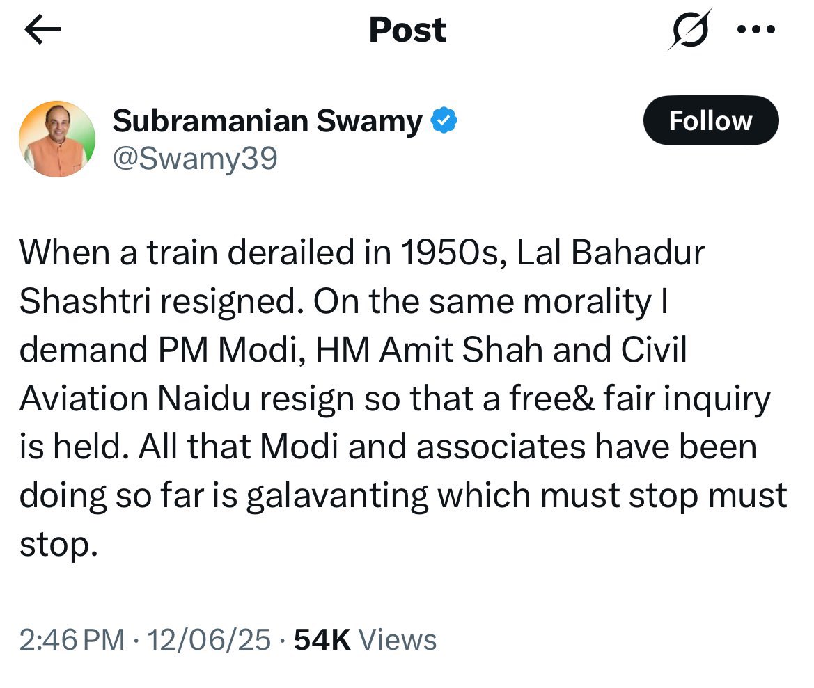 At a time when the nation should stand united in grief and solidarity over the Ahmedabad plane crash, it’s shameful to see <a href="/Swamy39/">Subramanian Swamy</a> politicising a tragedy. This isn’t leadership—it’s opportunism. Let’s show compassion, not play dirty politics. #RespectTheTragedy
Om Shanti

Boeing