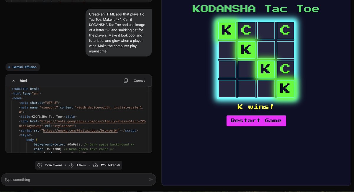 KODANSHAtech's tweet photo. wait list に申し込んでいた Gemini Diffusion のアクセス権が来ました。ちょっとしたゲームを2秒程度で生成。

メディアに「遊び」を加えようと、我々、年来、創意工夫を重ねてきたんですが、開発工数は圧倒的に圧縮されるよな〜と実感。

逆に言えば、開発自体は誰でも気軽にできるわけで、「アイデア」と「用意できる素材の質」で、メディア企業としてどこまで勝負をかけられるか、という世界になってきそう。期待と危機感、よい刺激です。