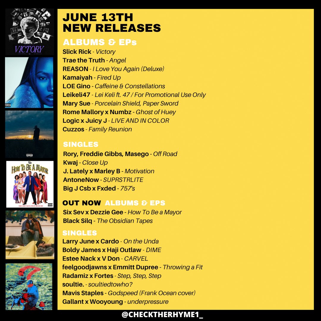 🚨 This week's new drops

Slick Rick
Rory, Freddie Gibbs, Masego
Larry June x Cardo
Boldy x Haji Outlaw
Estee Nack x V Don
Trae the Truth
REASON
Kamaiyah
LOE Gino
Leikeli 47
Rome Mallory x Numbz
feelgoodjawns x Emmitt Dupree
Kwaj
Mary Sue
Six Sev x Dezzie Gee
Mavis Staples
+more
