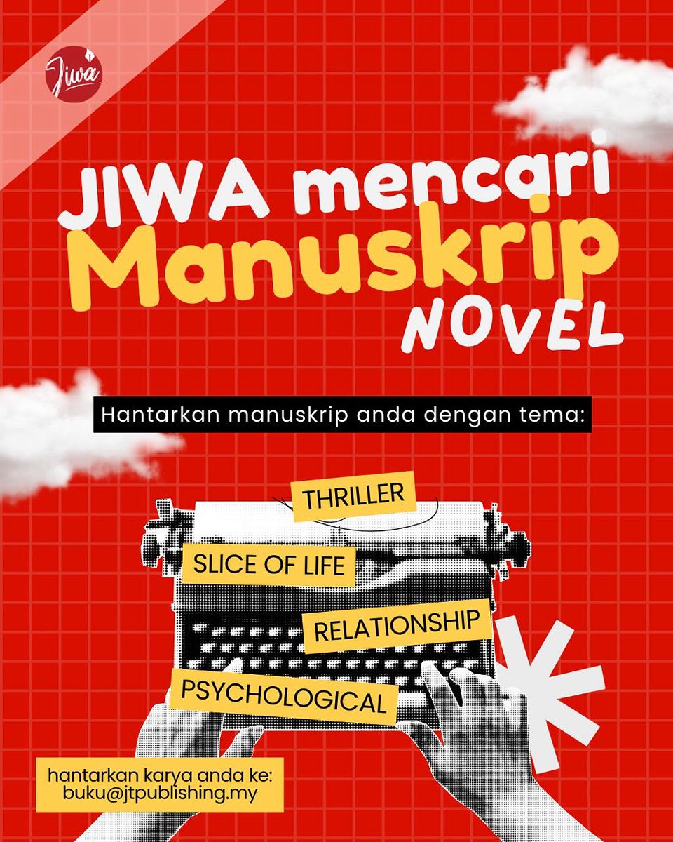 inibukujiwa's tweet photo. Ada manuskrip best dan pernah terfikir … alangkah indahnya kalau orang lain pun boleh rasa dan hayati cerita yang kita tulis?

📩 Hantarkan manuskrip (sinopsis dan 3 bab pertama) termasuk biodata anda ke: buku@jtpublishing.my

📌 Idea besar tak perlu dibiar terperam. https://t.co/XLS94dZTEc
