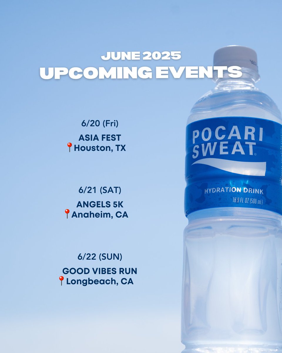 It's finally June, which means...Summer! ☀️😎 We'll be stopping by these events to keep you hydrated and help beat the heat. Come say hi and grab some samples!

#PocariSweat #TryPocari #TeamPocari⁠ #Hydration #Electrolytes #Summer #Events