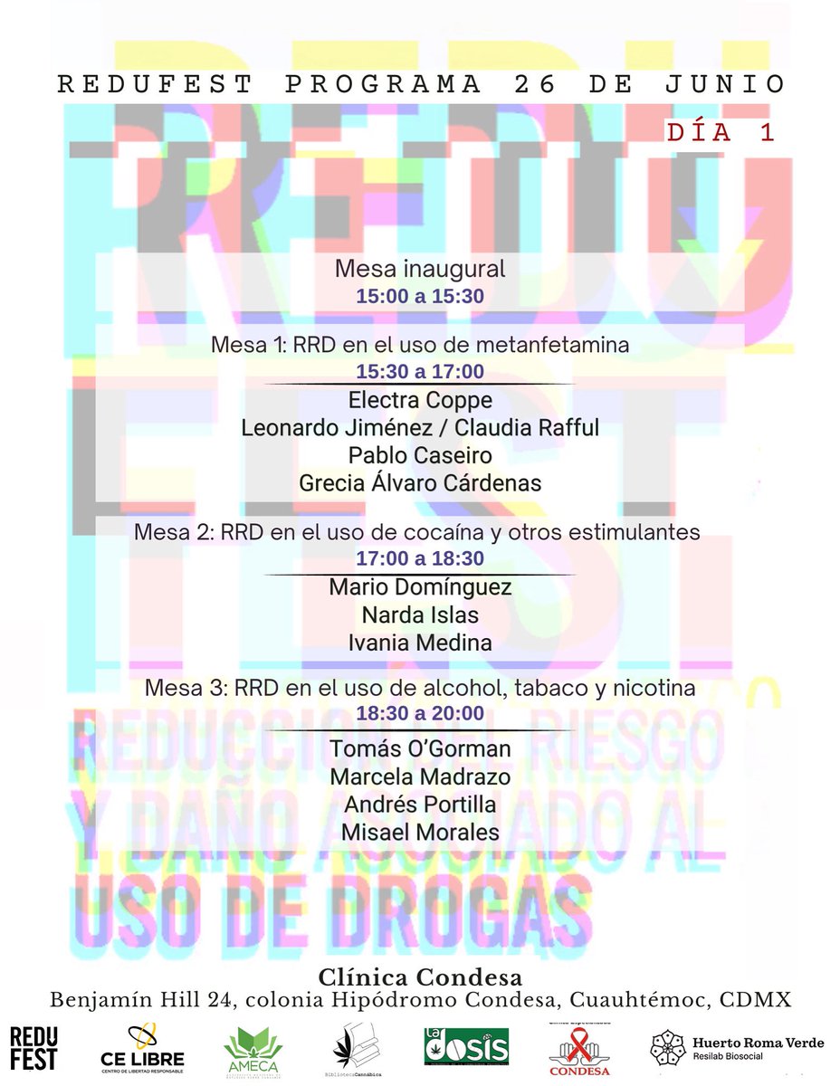 CE LIBRE (@celibre_rrd) on Twitter photo A tan dos semanas del #ReduFest, tenemos listo el programa de actividades. Hoy les compartimos el cartel correspondiente al primer día, que se realizará en el auditorio de la <a href="/CdmxClinica/">ClínicaCondesaCDMX</a>.
El #ReduFest es un evento realizado por org’s civiles, gratuito, abierto al público. A tan dos semanas del #ReduFest, tenemos listo el programa de actividades. Hoy les compartimos el cartel correspondiente al primer día, que se realizará en el auditorio de la <a href="/CdmxClinica/">ClínicaCondesaCDMX</a>.
El #ReduFest es un evento realizado por org’s civiles, gratuito, abierto al público.