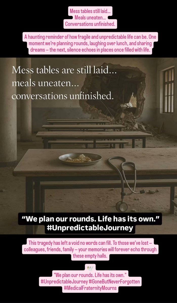 FiccsIndia's tweet photo. Mess tables still laid…
Meals uneaten…
Conversations unfinished.

This tragedy has left a void no words can fill. To those we’ve lost — colleagues, friends, family — your memories will forever echo through these empty halls.

🕊️
"We plan our rounds. Life has its own. https://t.co/IeXLgJf5gB