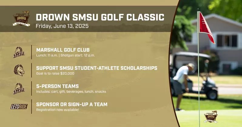 One more day until the annual Drown SMSU Golf Classic at Marshall Golf Club. Looking forward to a great day and supporting our student-athletes. Registration and lunch begins at 11 a.m. with golf starting at 12 p.m. #LetsRide