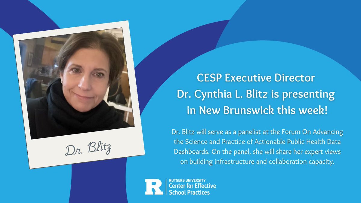 Rutgers CESP (@rutgerscesp) on Twitter photo On behalf of CESP, Dr. Cynthia Blitz is presenting at the Forum on Advancing the Science and Practice of Actionable Public Health Data Dashboards. She'll be joining a panel on June 4 in New Brunswick. #NewJersey #Research On behalf of CESP, Dr. Cynthia Blitz is presenting at the Forum on Advancing the Science and Practice of Actionable Public Health Data Dashboards. She'll be joining a panel on June 4 in New Brunswick. #NewJersey #Research