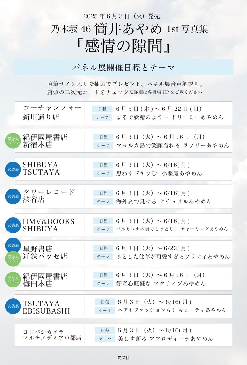 あやめさんのパネル展、いよいよ明日6/16で終了です📚
🖼️パネル展
👗衣装展示
🪞等身大パネル
🎧音声ガイド
🎂バースデームービーもチェック✔

週末のお出かけにぜひ🫶
※一部店舗では引き続き開催中です🎈

#感情の隙間 #筒井あやめ1st写真集