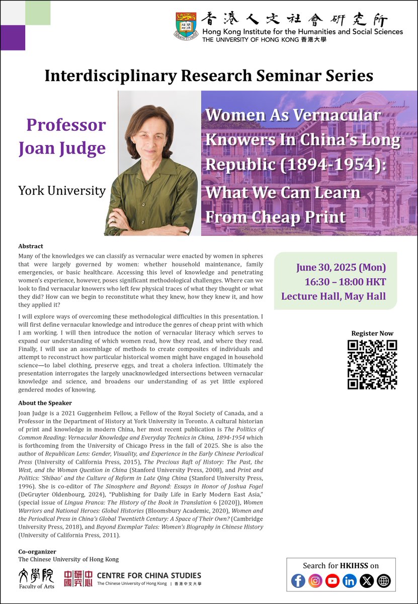 HKIHSS 香港人文社會研究所 (@hkihss) on Twitter photo 📚 Save the date for an engaging seminar: Women as Knowledge Keepers in China (1894-1954): What We Can Learn from Cheap Print
🗣️ Speaker: Professor Joan Judge <a href="/YorkUniversity/">York University</a>
🗓️ Date: June 30, 2025 (Mon)
🕓 Time: 4:30 – 6:00 PM
📍 Location: Lecture Hall, G/F, May Hall, HKU
Join 📚 Save the date for an engaging seminar: Women as Knowledge Keepers in China (1894-1954): What We Can Learn from Cheap Print
🗣️ Speaker: Professor Joan Judge <a href="/YorkUniversity/">York University</a>
🗓️ Date: June 30, 2025 (Mon)
🕓 Time: 4:30 – 6:00 PM
📍 Location: Lecture Hall, G/F, May Hall, HKU
Join