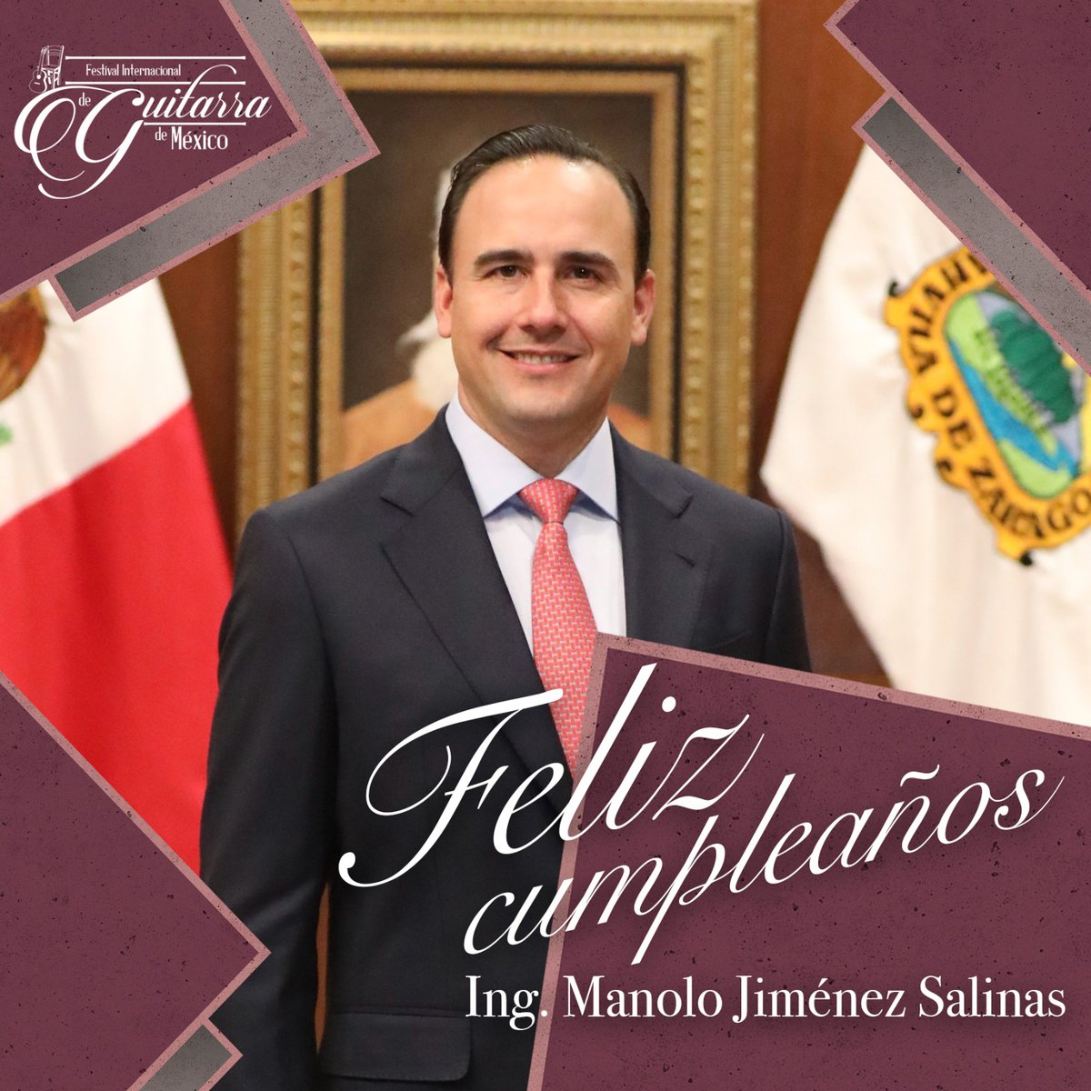 El Festival Internacional de Guitarra de México, felicita sinceramente al Gobernador de Coahuila <a href="/manolojim/">Manolo Jiménez Salinas</a>, con motivo de su cumpleaños. 
Que su vida esté colmada de alegrías, aprendizajes, con resultados fecundos y llenos de satisfacciones.